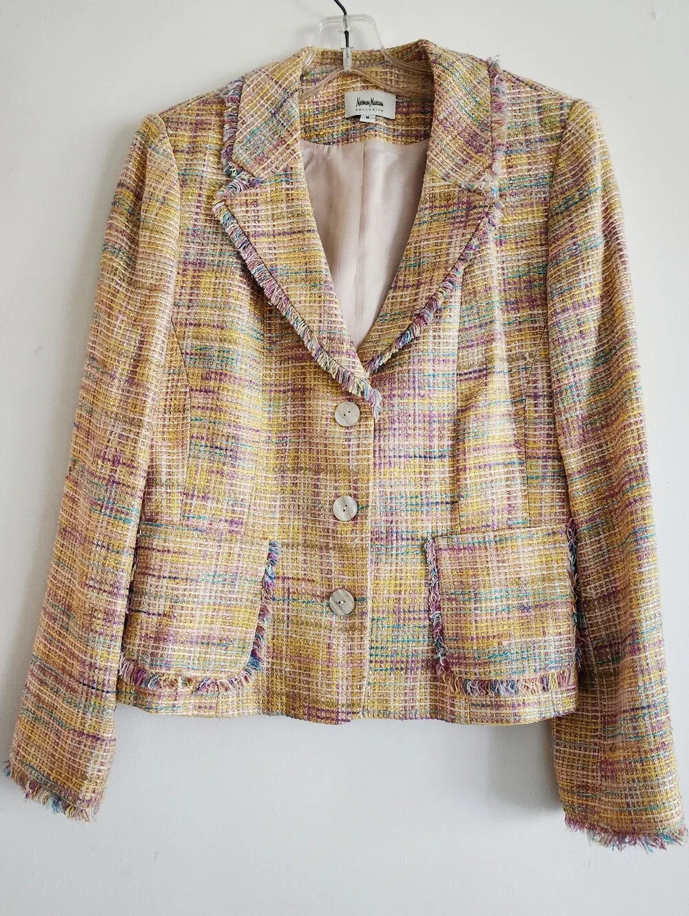 Vintage Neiman Marcus | Pastel Silk Blend Tweed Fringed Cropped Jacket | Size 6
